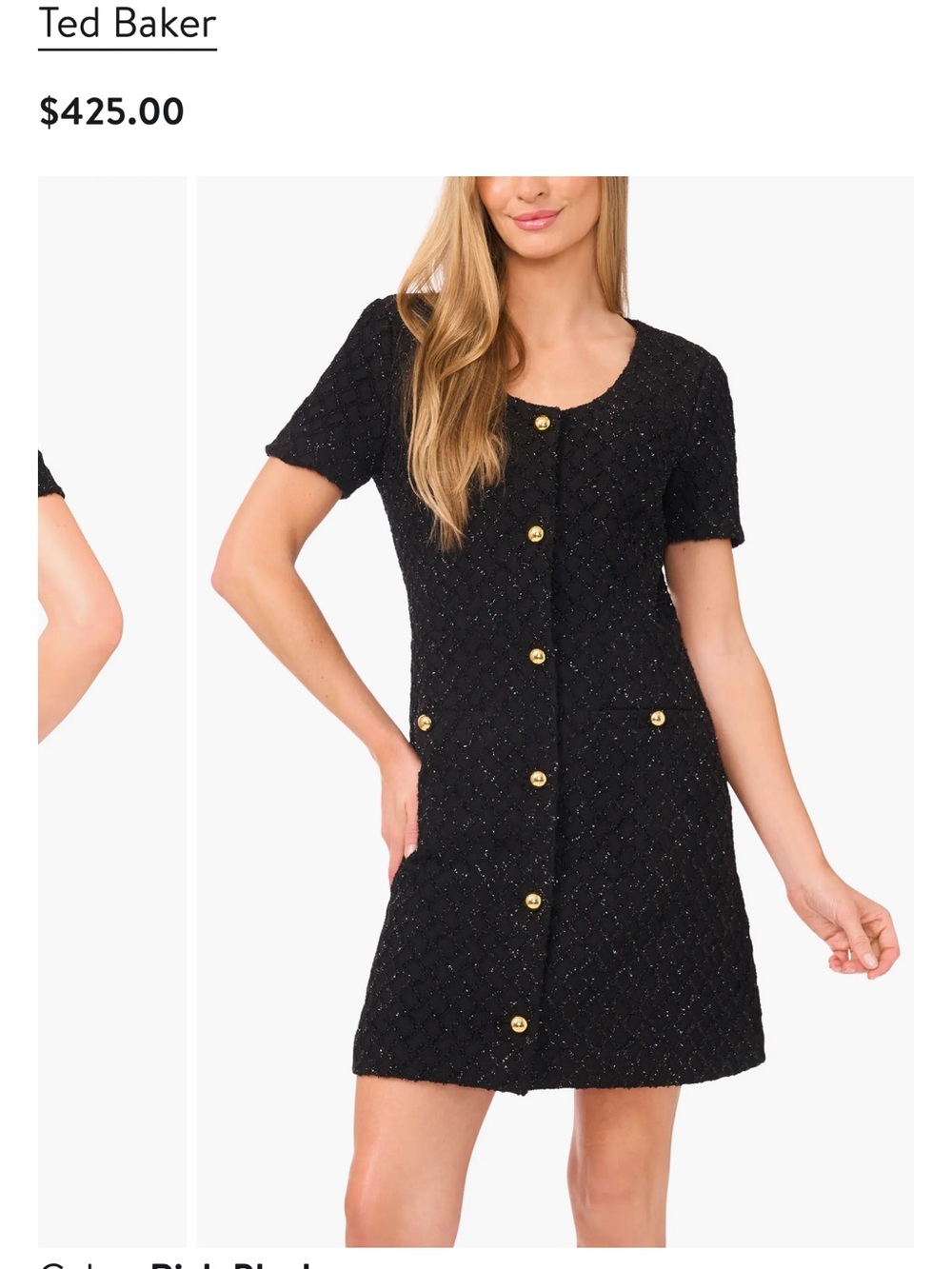New Ted Baker Black Sequin Plaid Tweed Minidress with Gold Buttons
